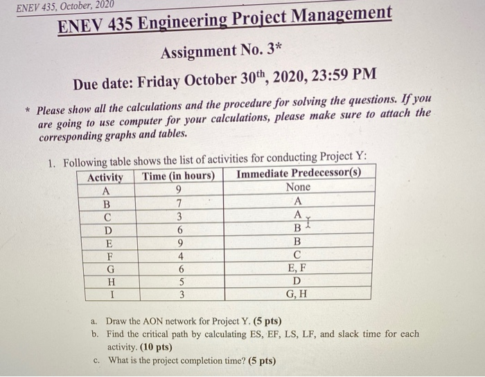 ENEV 435, October, 2020 ENEV 435 Engineering