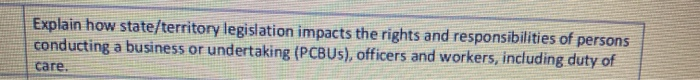 Explain how state/territory legislation impacts