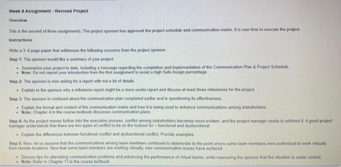 Week 8 Assignment - Revised Project Overview This