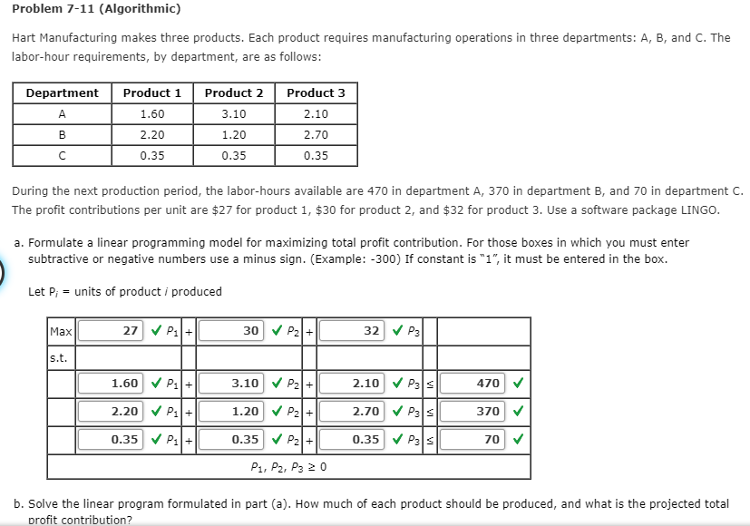 Problem 7-11 (Algorithmic) Hart Manufacturing