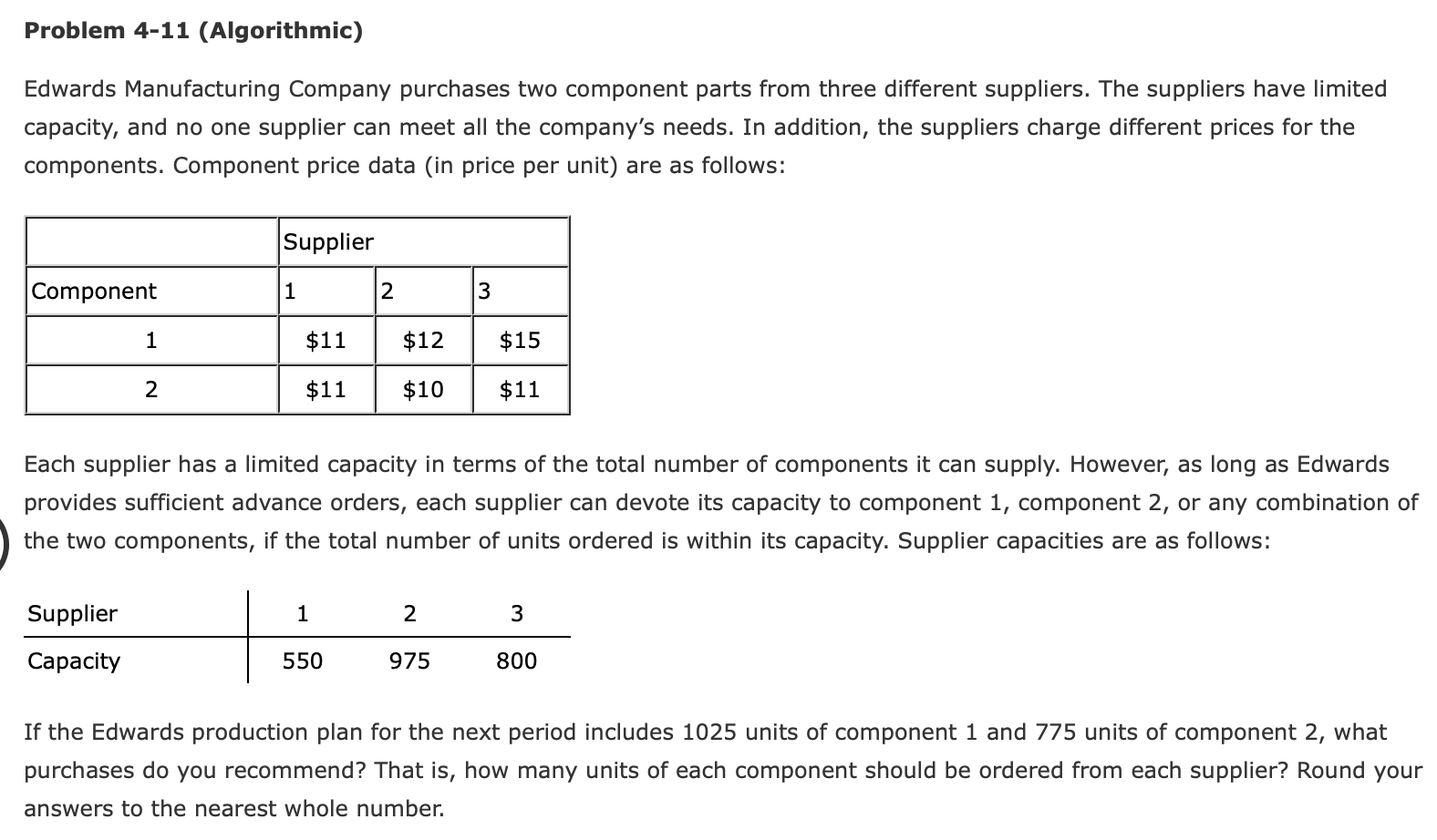 Problem 4-11 (Algorithmic) Edwards Manufacturing