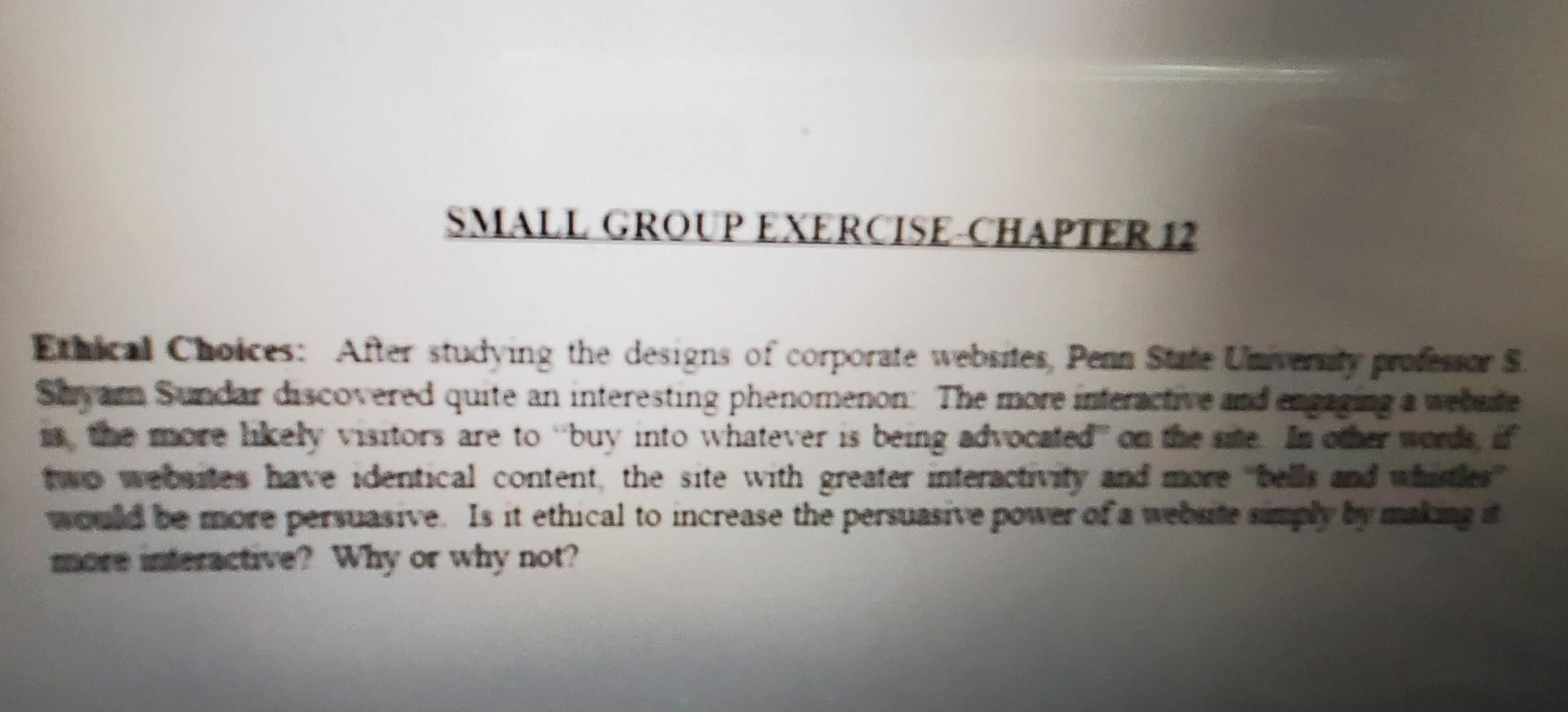 SMALL GROUP EXERCISE CHAPTER 12 Ethical Choices: