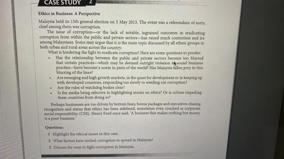 CASE STUDY . . Ethics in Business: A Perspective