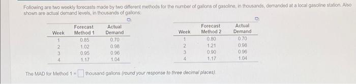What is the MAD for method 1? What is the MSE for