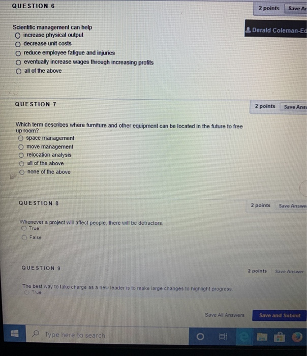 QUESTION 6 2 points Save Ar Derald Coleman-Ed