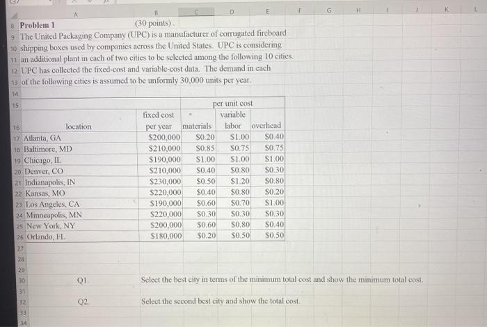 E F G H K 8 Problem 1 (30 points) 9. The United