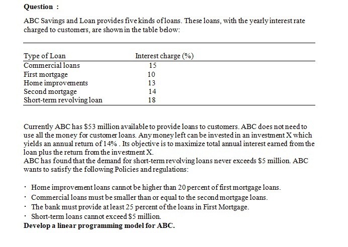 Question : ABC Savings and Loan provides five