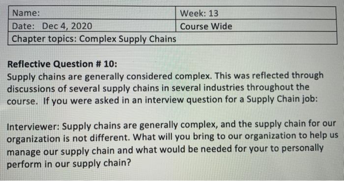 Name: Week: 13 Date: Dec 4, 2020 Course Wide