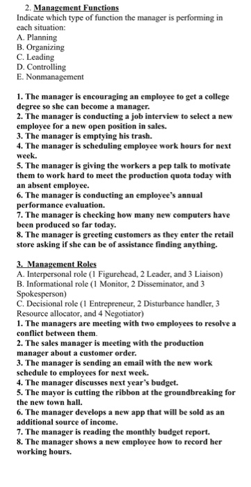 2. Management Functions Indicate which type of