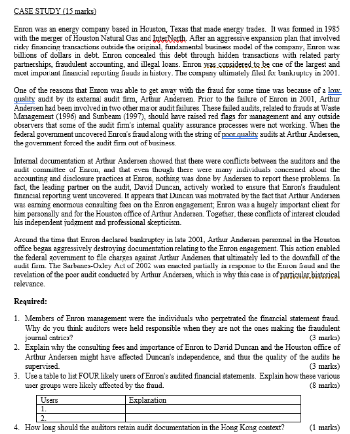 CASE STUDY (15 marks) Enron was an energy company