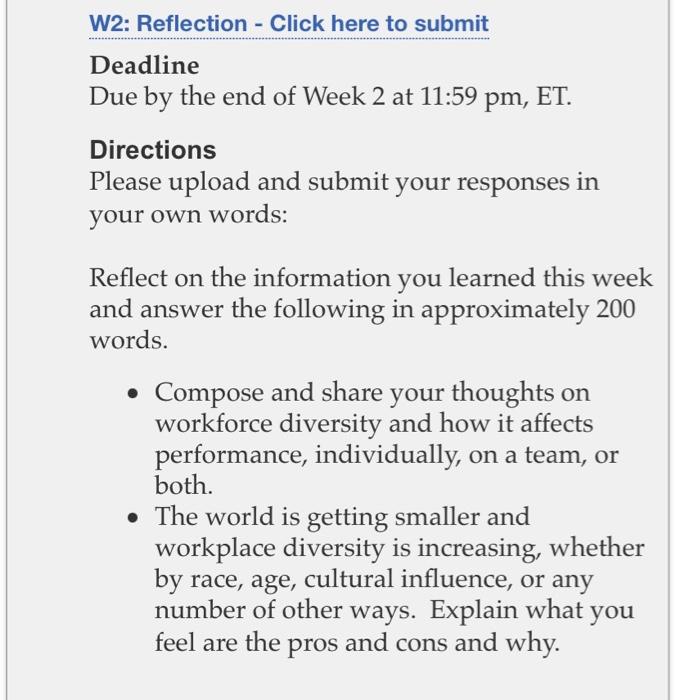 please help W2: Reflection - Click here to submit
