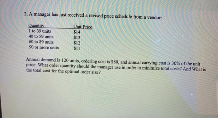 2. A manager has just received a revised price