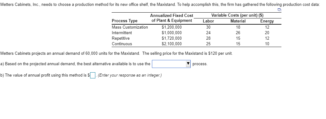 Metters Cabinets, Inc., needs to choose a