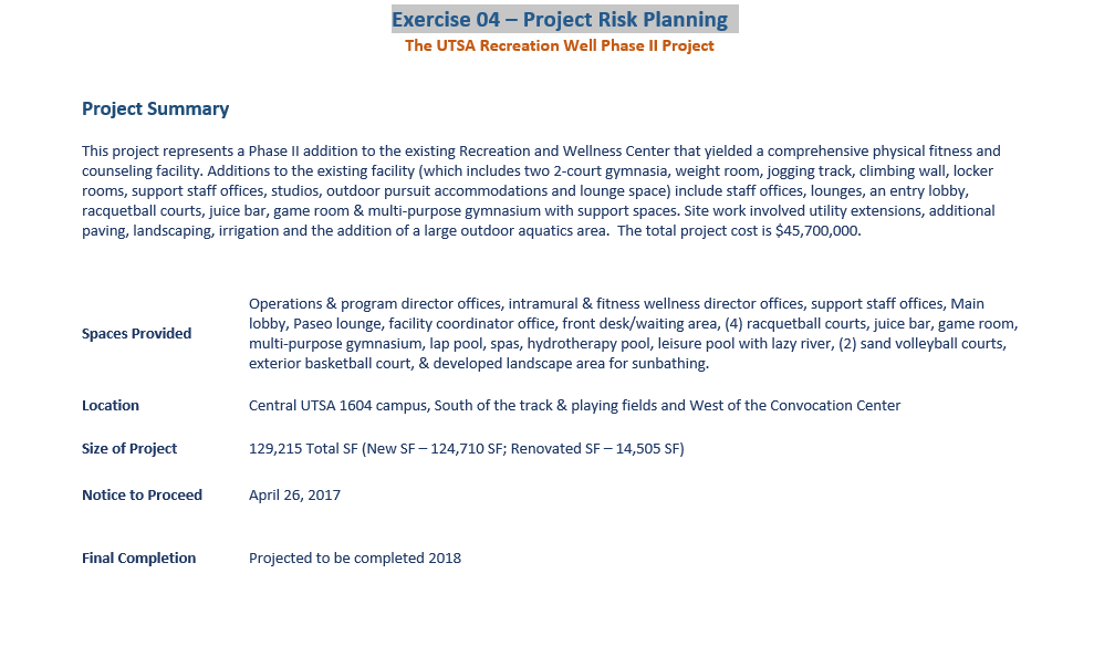 Please help. Exercise 04 Project Risk Planning