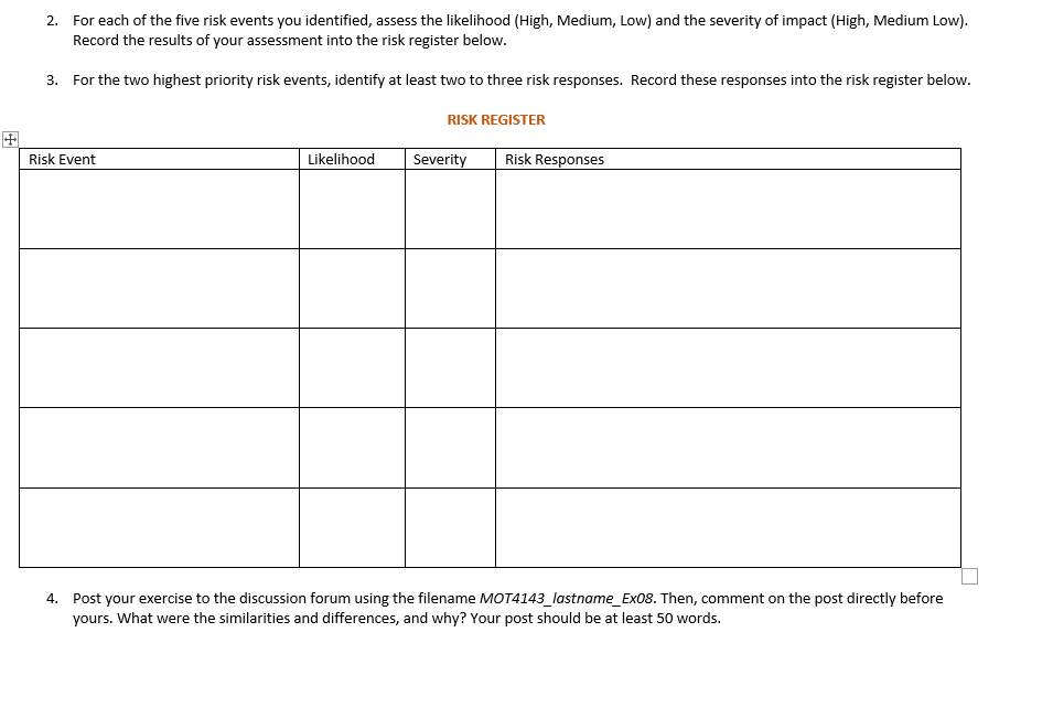 Please help. Exercise 04 Project Risk Planning