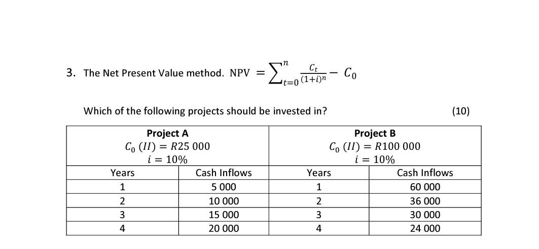 3. The Net Present Value method. NPV = Ct (1+i)n