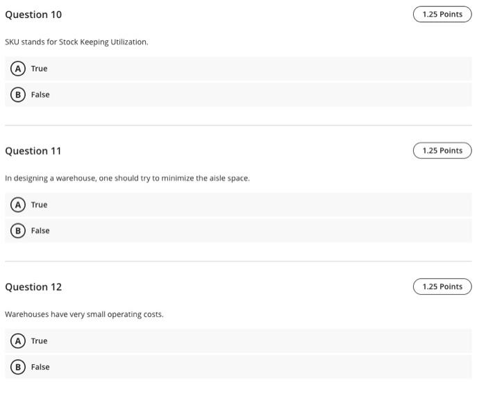 Question 10 1.25 Points SKU stands for Stock