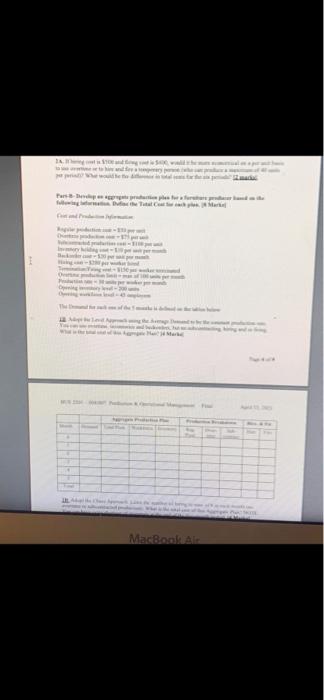 Question 2 - Aggregate Operations Planning [15