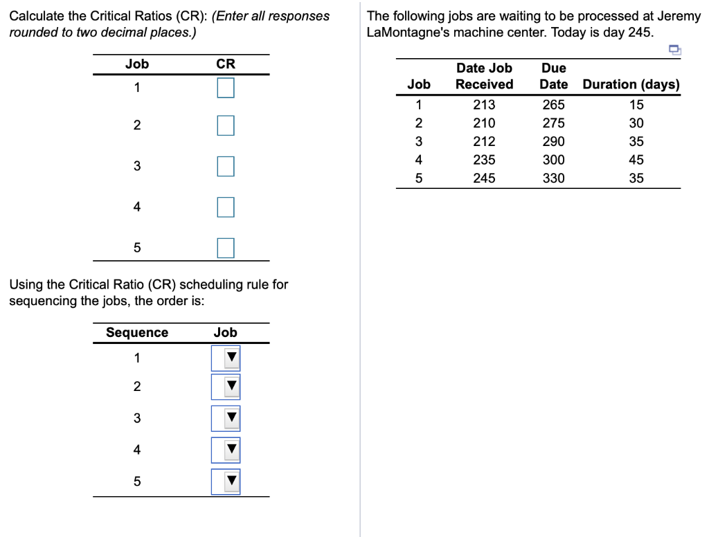 Calculate the Critical Ratios (CR): (Enter all