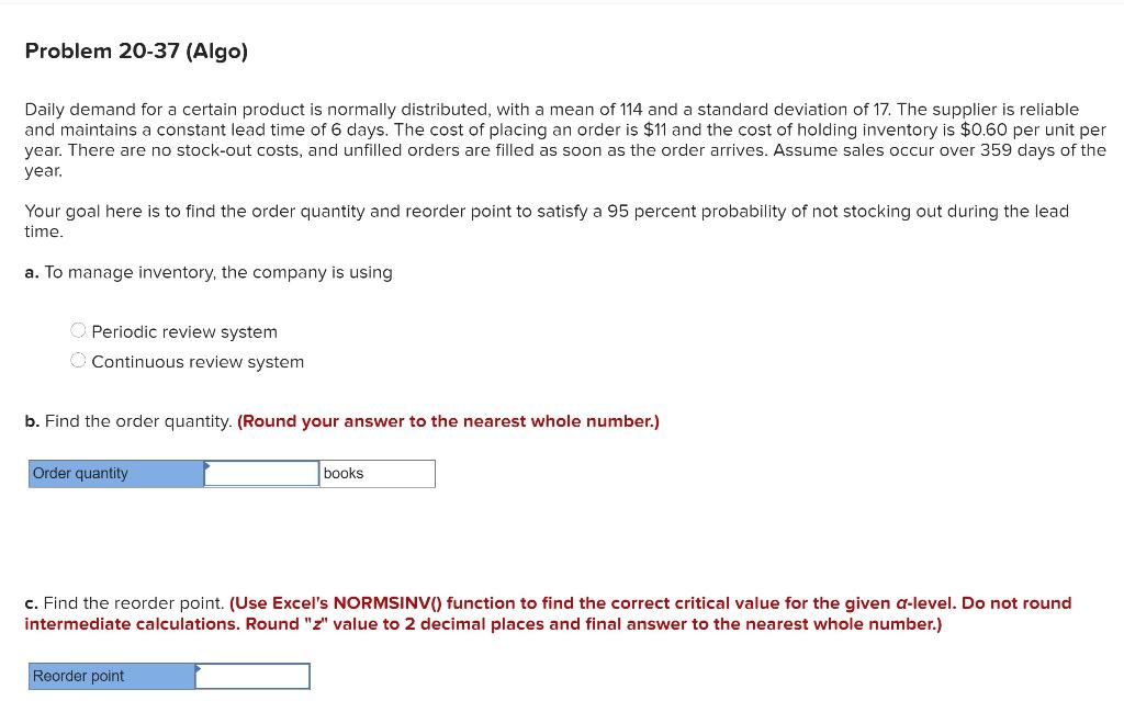 Problem 20-37 (Algo) Daily demand for a certain