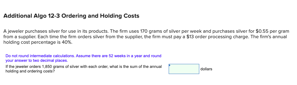 Additional Algo 12-3 Ordering and Holding Costs A