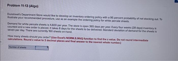 Problem 11-13 (Algo) Dunstreet's Department Store