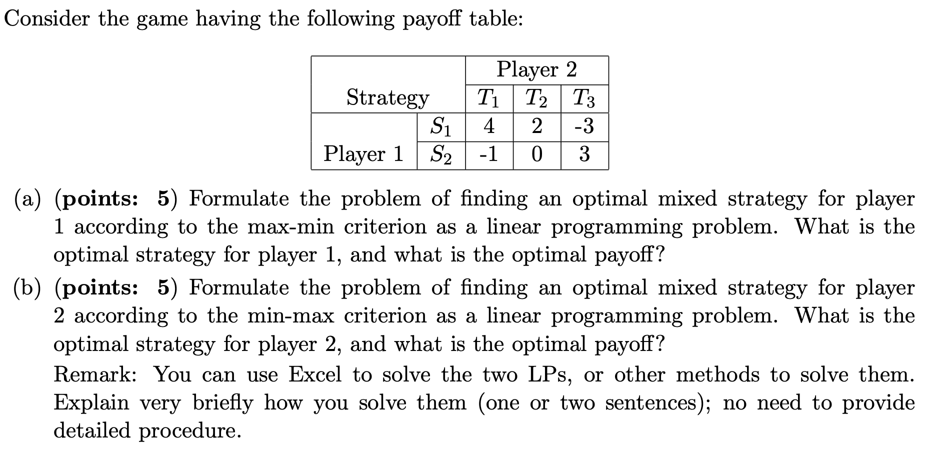 Consider the game having the following payoff