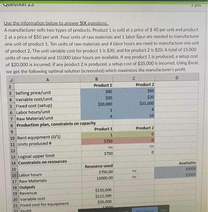 Question 23 1 pcs 4 4 Use the information below