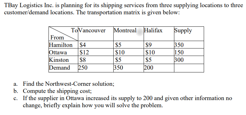 TBay Logistics Inc. is planning for its shipping