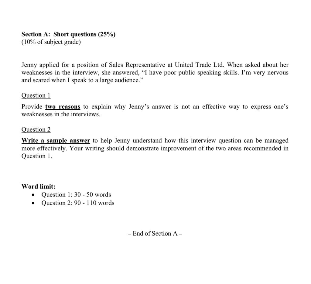Section A: Short questions (25%) (10% of subject