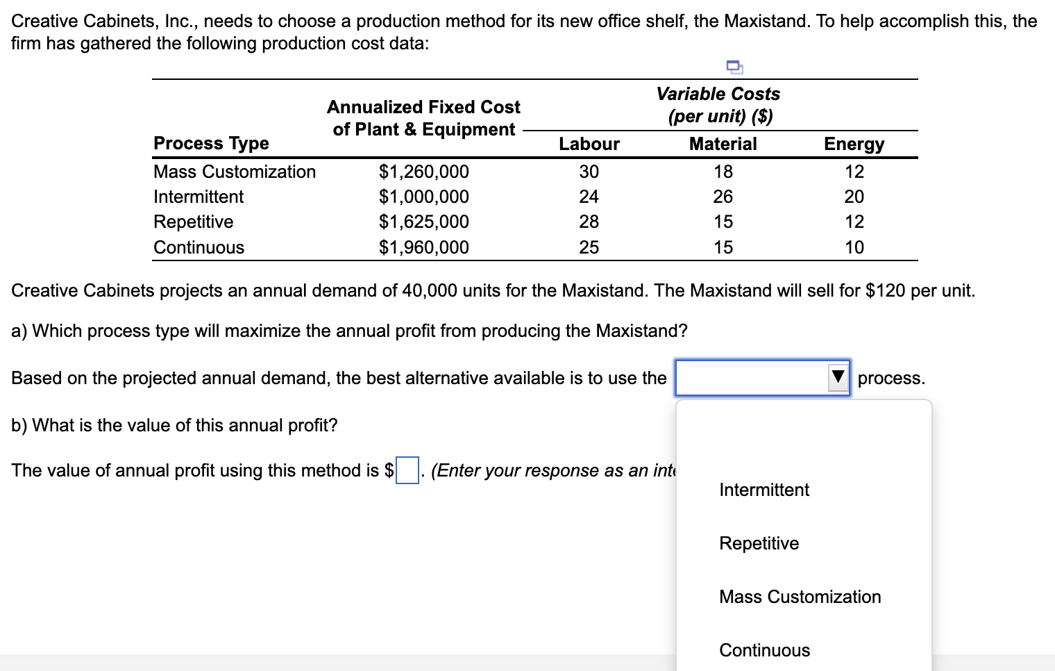 Creative Cabinets, Inc., needs to choose a