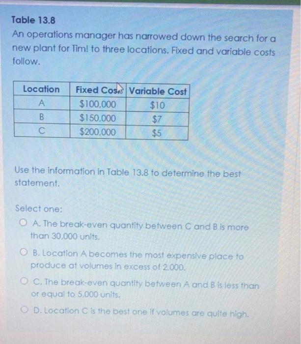 show your work please! Table 13.8 An operations