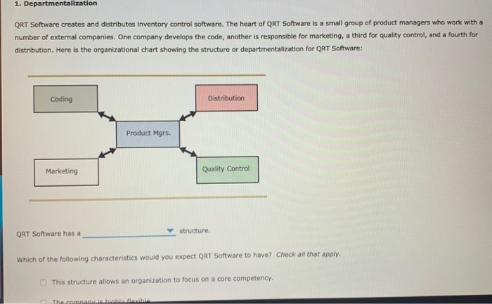 please answer all, TIA 1. Departmentalization QRT