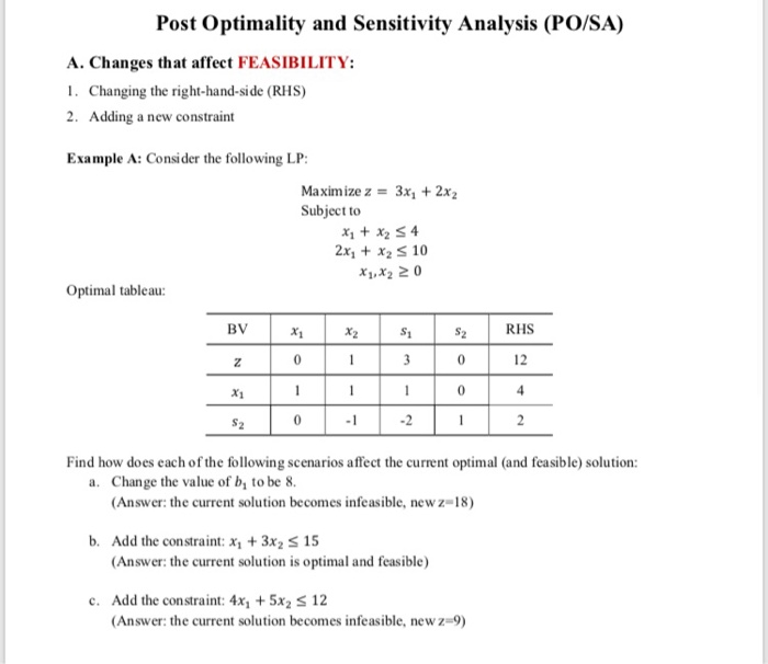Post Optimality and Sensitivity Analysis (PO/SA)