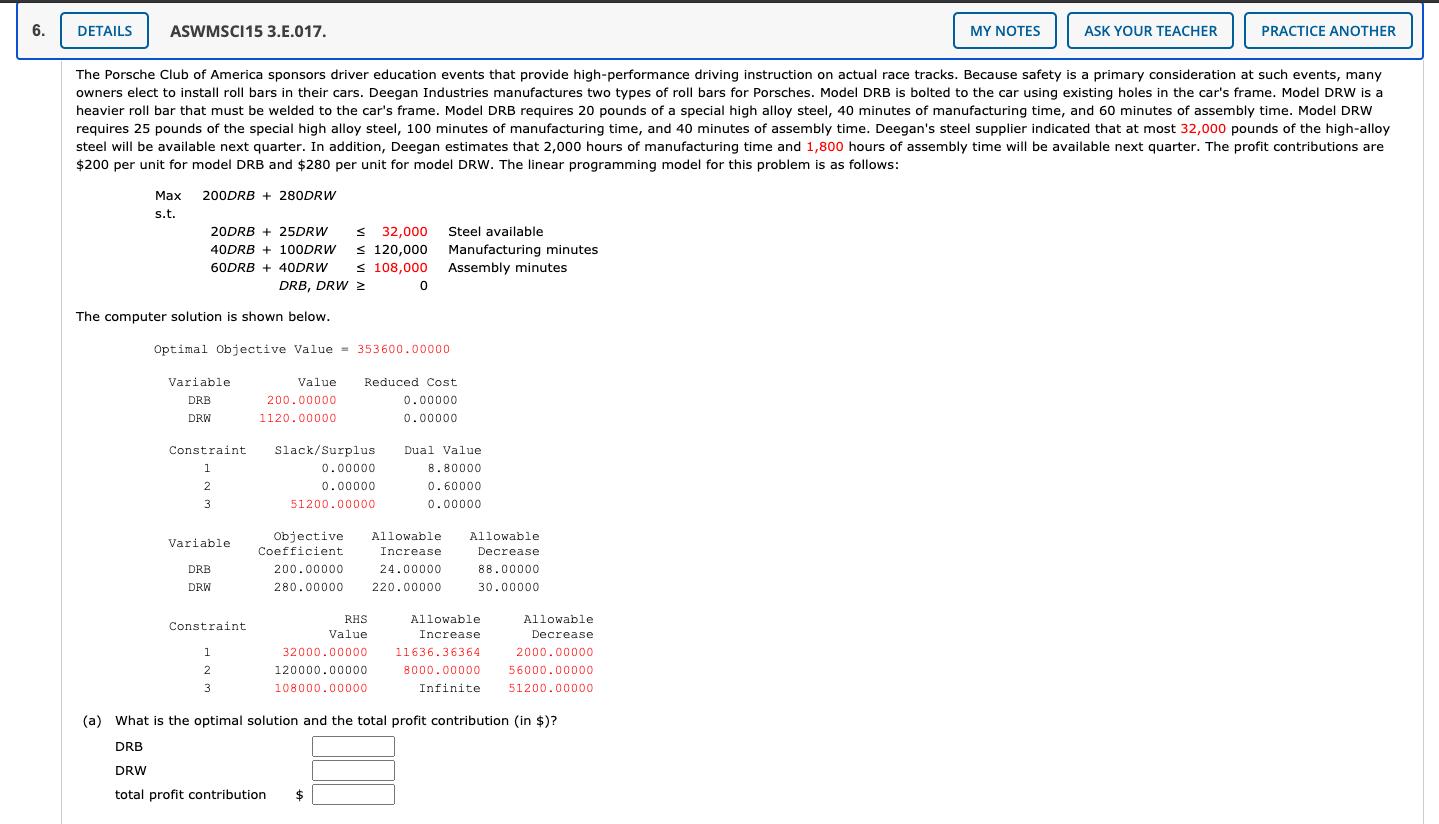 Module 2: LP Sensitivity Analysis (QUESTION 6) 6.