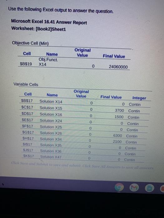 Use the following Excel output to answer the