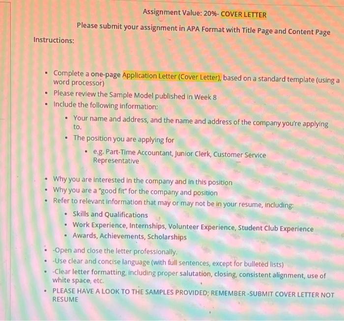 Assignment Value: 20%-COVER LETTER Please submit