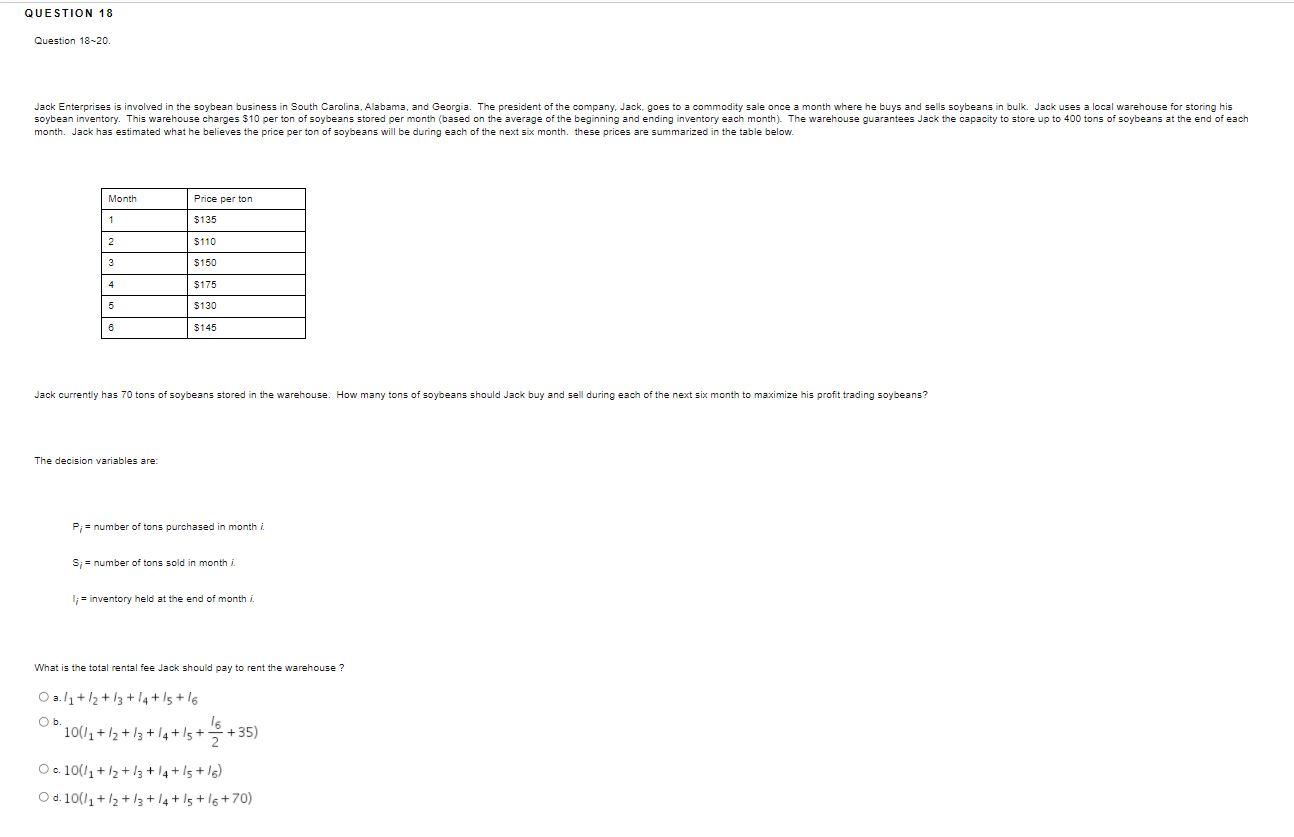 QUESTION 18 Question 18-20 Jack Enterprises is