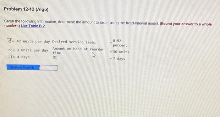 Problem 12-10 (Algo) Given the following