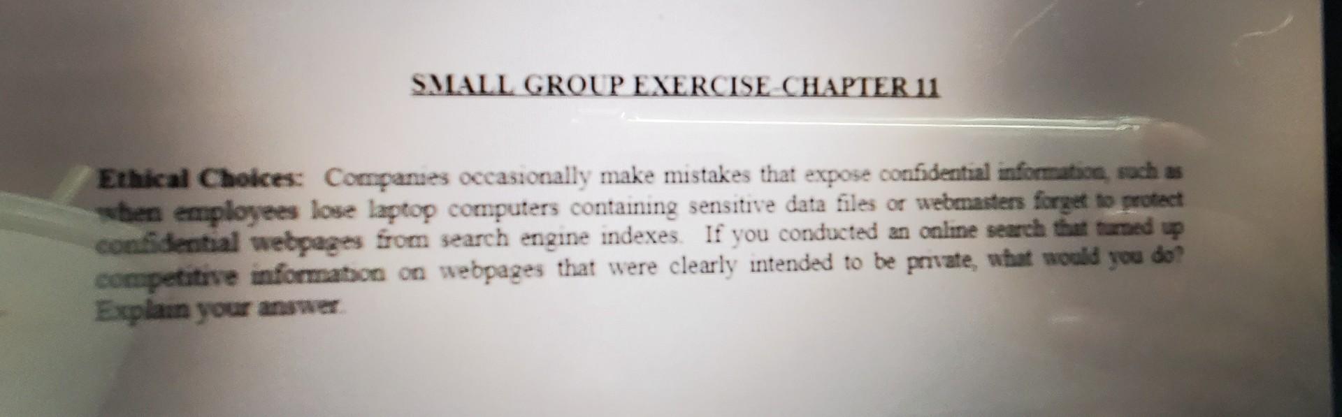 SMALL GROUP EXERCISE CHAPTER 11 Ethical Choices: