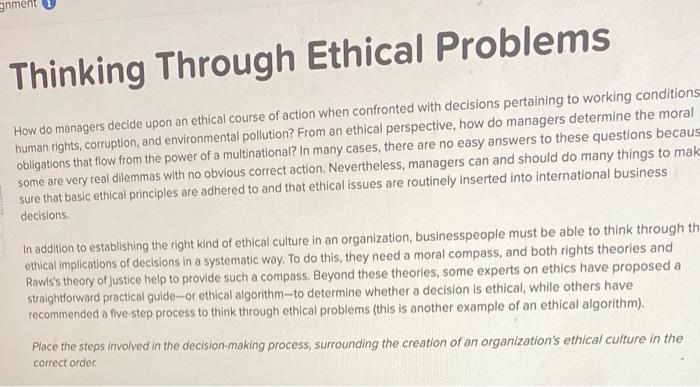 gnment Thinking Through Ethical Problems How do
