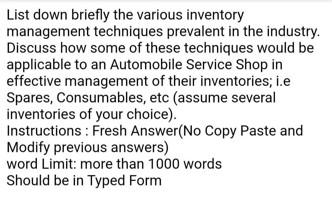 List down briefly the various inventory