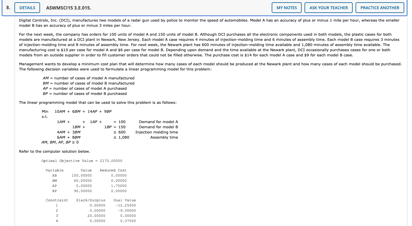 Module 2: LP Sensitivity Analysis (QUESTION 8) 8.