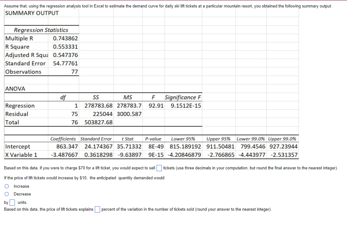 Assume that, using the regression analysis tool