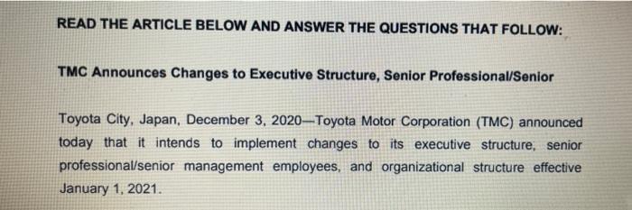 READ THE ARTICLE BELOW AND ANSWER THE QUESTIONS