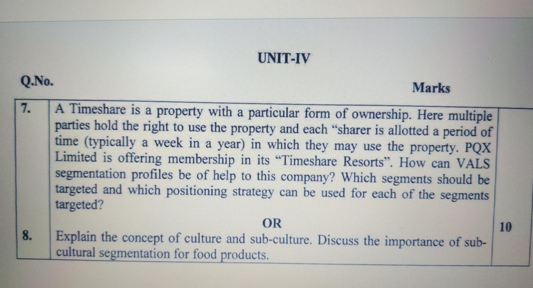 UNIT-IV Q.No. Marks 7. A Timeshare is a property