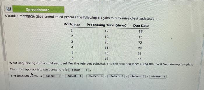 B Spreadsheet A bank's mortgage department must