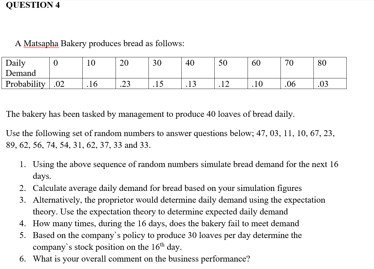 QUESTION 4 A Matsapha Bakery produces bread as