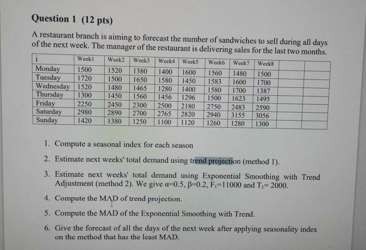 Question 1 (12 pts) A restaurant branch is aiming