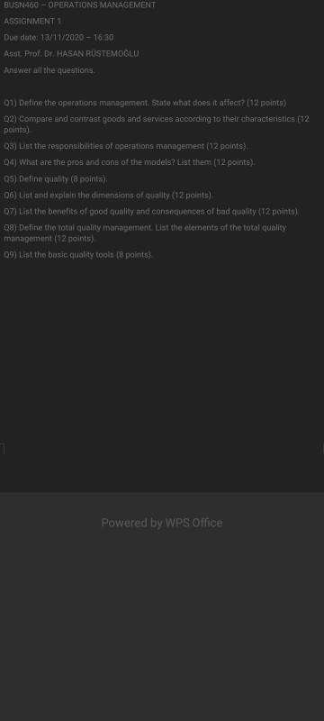 BUSN460 - OPERATIONS MANAGEMENT ASSIGNMENT 1 Due